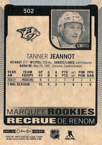 2021-22 O-Pee-Chee #502 Tanner Jeannot RC back image
