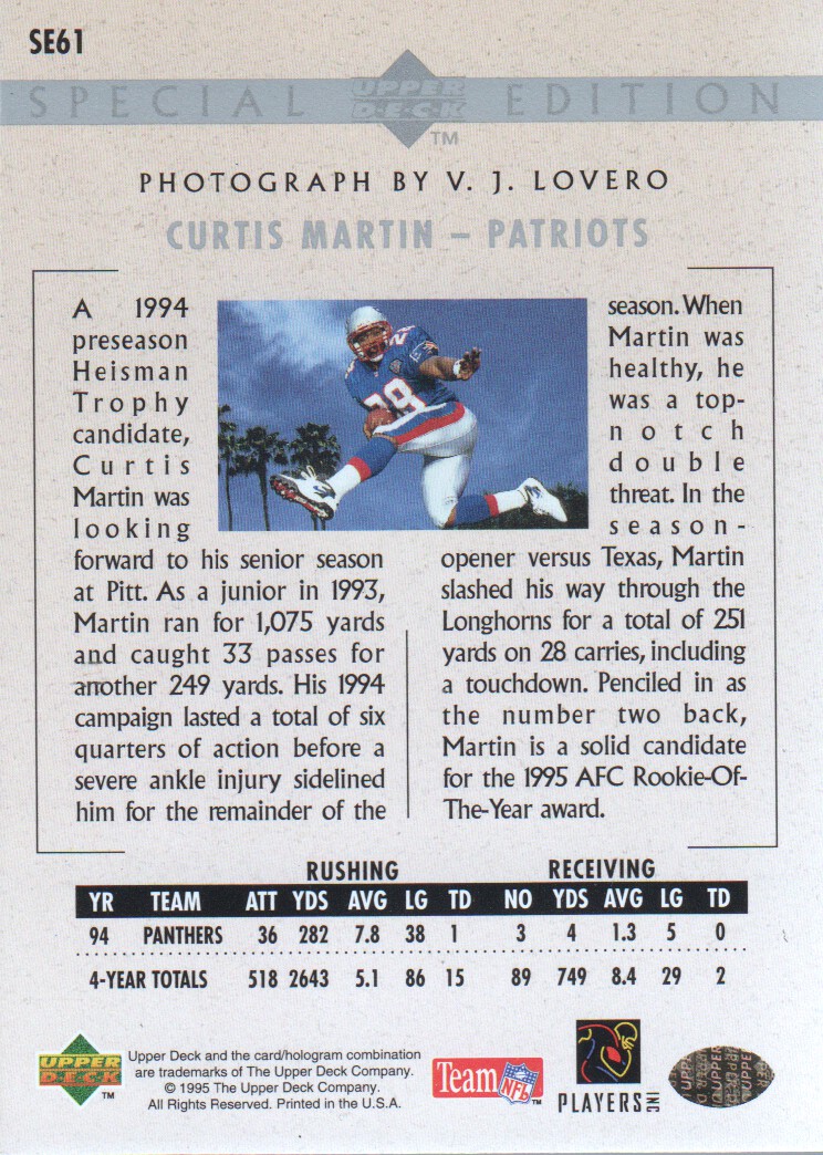 1995 Upper Deck Special Edition #SE61 Curtis Martin back image