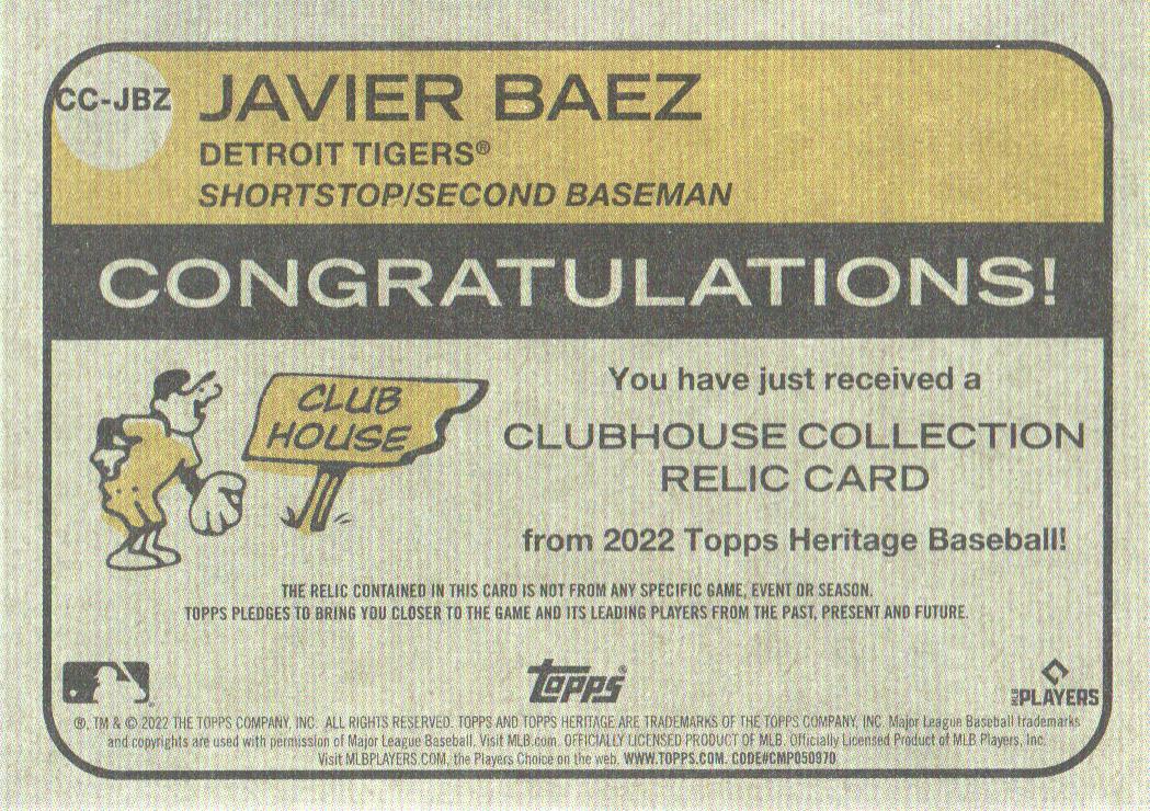 2022 Topps Heritage Clubhouse Collection Relics #CCJBZ Javier Baez back image