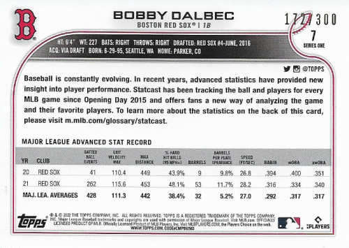 2022 Topps Advanced Stats #7 Bobby Dalbec FS back image