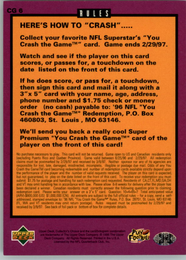 1996 Collector's Choice Crash The Game #CG6C Brett Favre 11/24 W back image