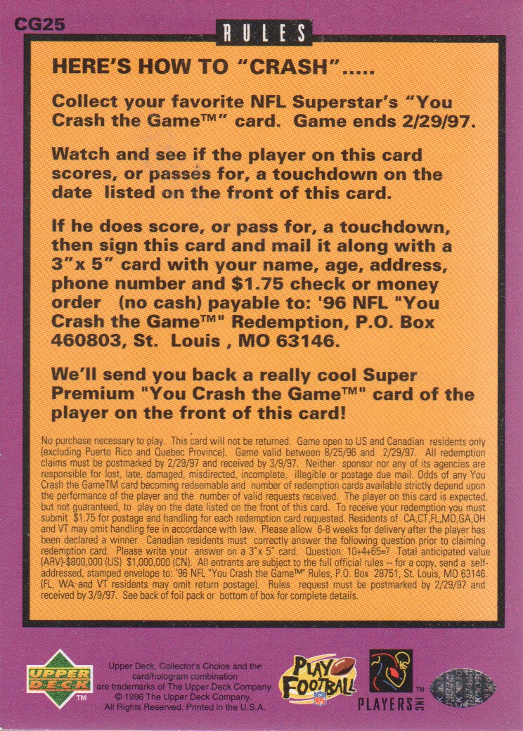 1996 Collector's Choice Crash The Game #CG25A Curtis Martin 9/22 W back image