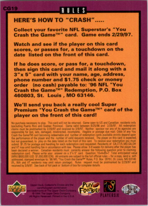 1996 Collector's Choice Crash The Game Gold #CG19B Keyshawn Johnson 11/10 L back image