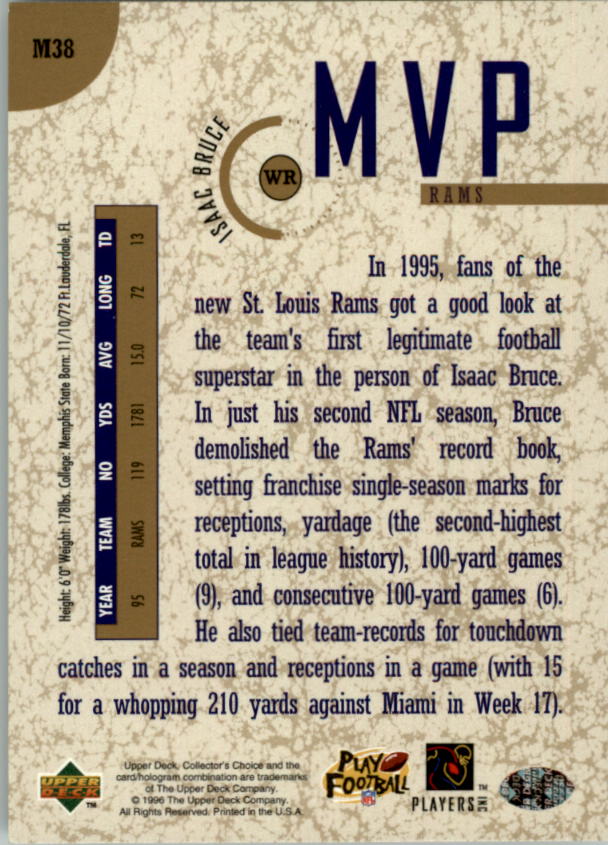 1996 Collector's Choice MVPs Gold #M38 Isaac Bruce back image