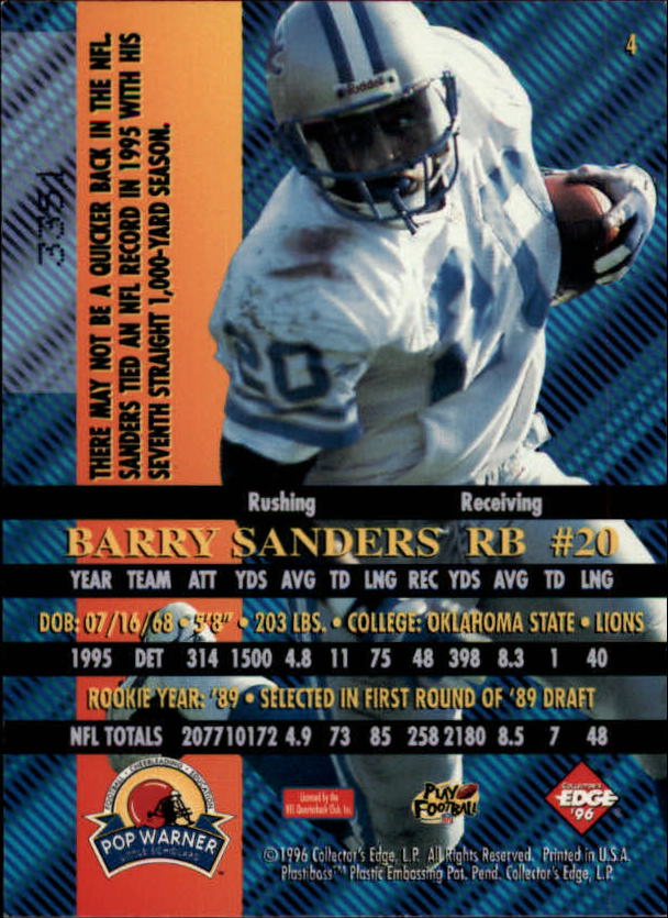1996 Collector's Edge Advantage Perfect Play Foils #4 Barry Sanders back image