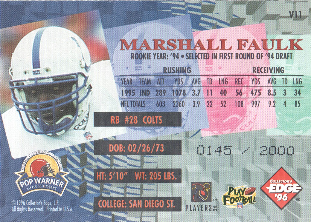 1996 Collector's Edge Advantage Video #V11 Marshall Faulk back image