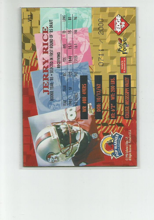 1996 Collector's Edge Advantage Video #V12 Jerry Rice back image