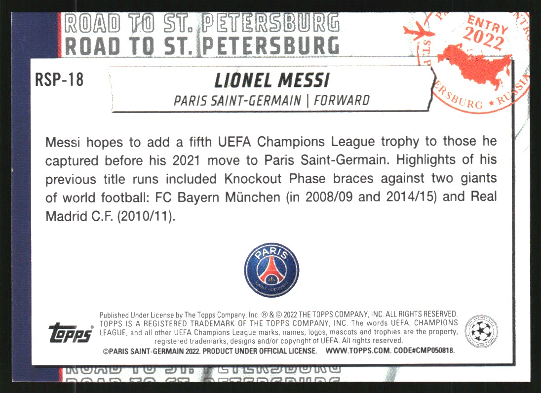 2021-22 Topps UEFA Champions League Road to St. Petersburg #RSP18 Lionel Messi