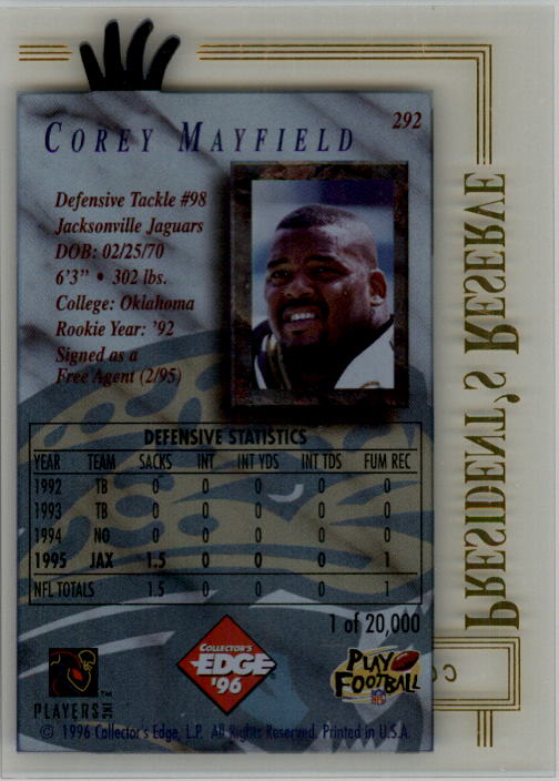 1996 CE President's Reserve #292 Corey Mayfield back image