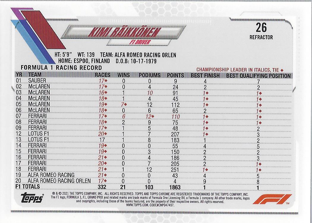 2021 Topps Chrome Formula 1 Refractors Racing Card Pick (Inserts) - Picture 15 of 111