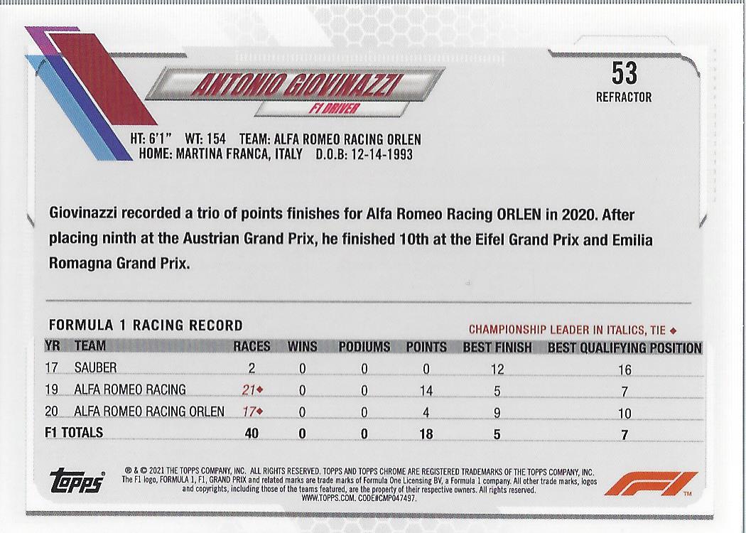 2021 Topps Chrome Formula 1 Refractors Racing Card Pick (Inserts) - Picture 33 of 111