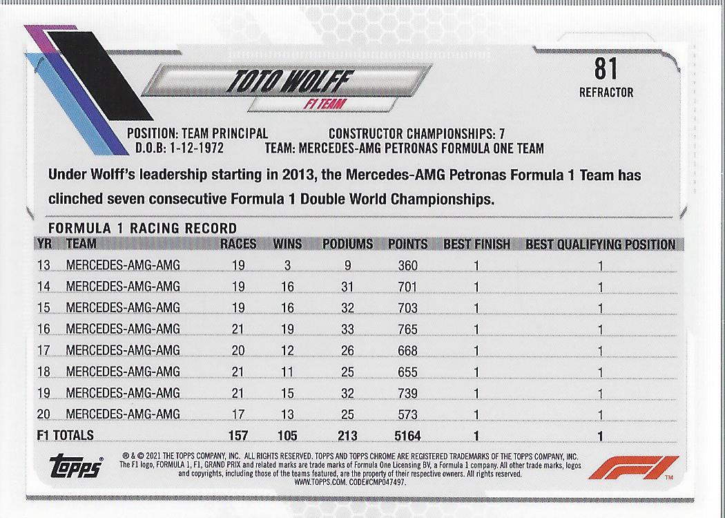 2021 Topps Chrome Formula 1 Refractors Racing Card Pick (Inserts) - Picture 61 of 111