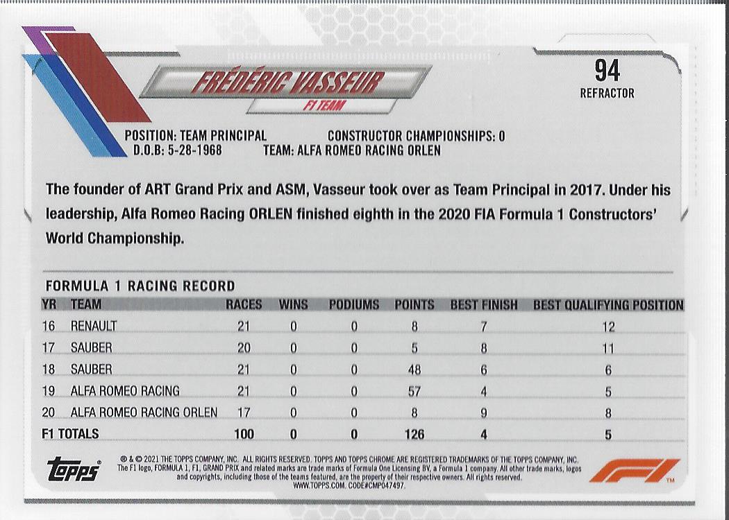 2021 Topps Chrome Formula 1 Refractors Racing Card Pick (Inserts) - Picture 77 of 111