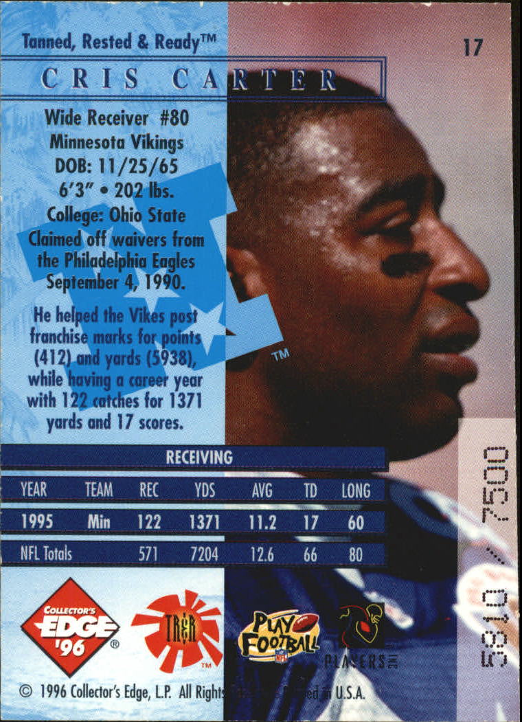 1996 CE President's Reserve Tanned Rested Ready #17 Cris Carter back image