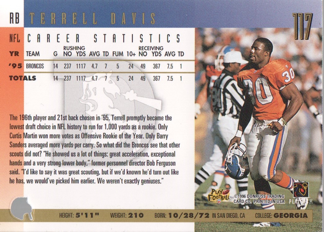 1996 Donruss Press Proofs #117 Terrell Davis back image
