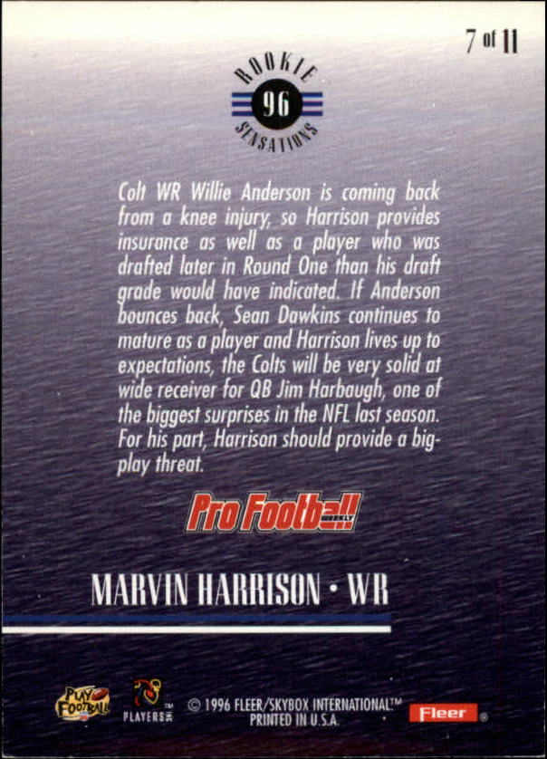 1996 Fleer Rookie Sensations #7 Marvin Harrison back image