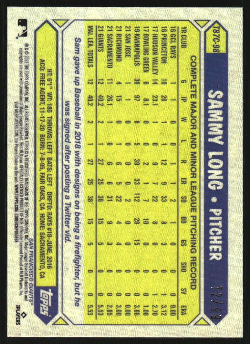 2022 Topps '87 Topps Silver Pack Chrome Green Refractors #T87C98 Sammy Long