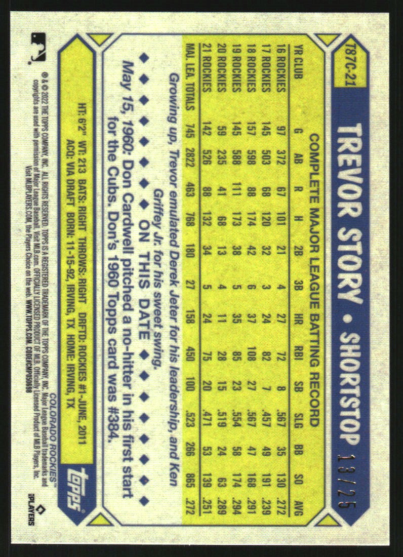2022 Topps '87 Topps Silver Pack Chrome Orange Refractors #T87C21 Trevor Story