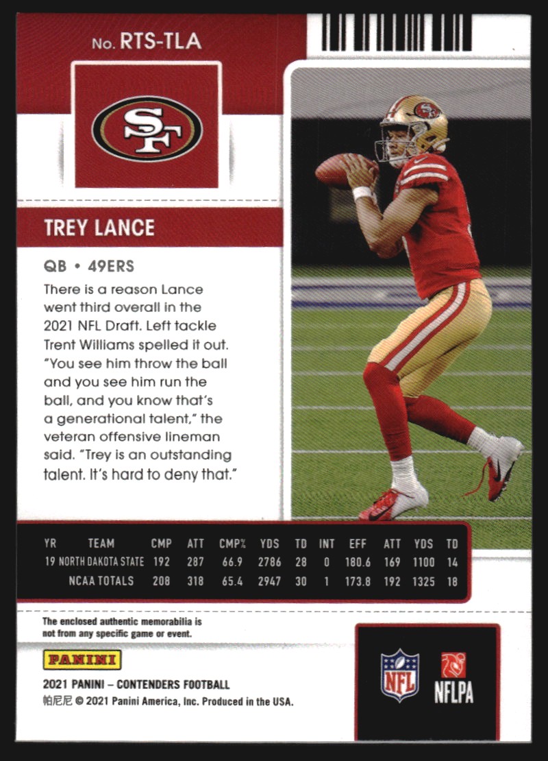 2021 Panini Contenders Rookie Ticket Swatches #3 Trey Lance