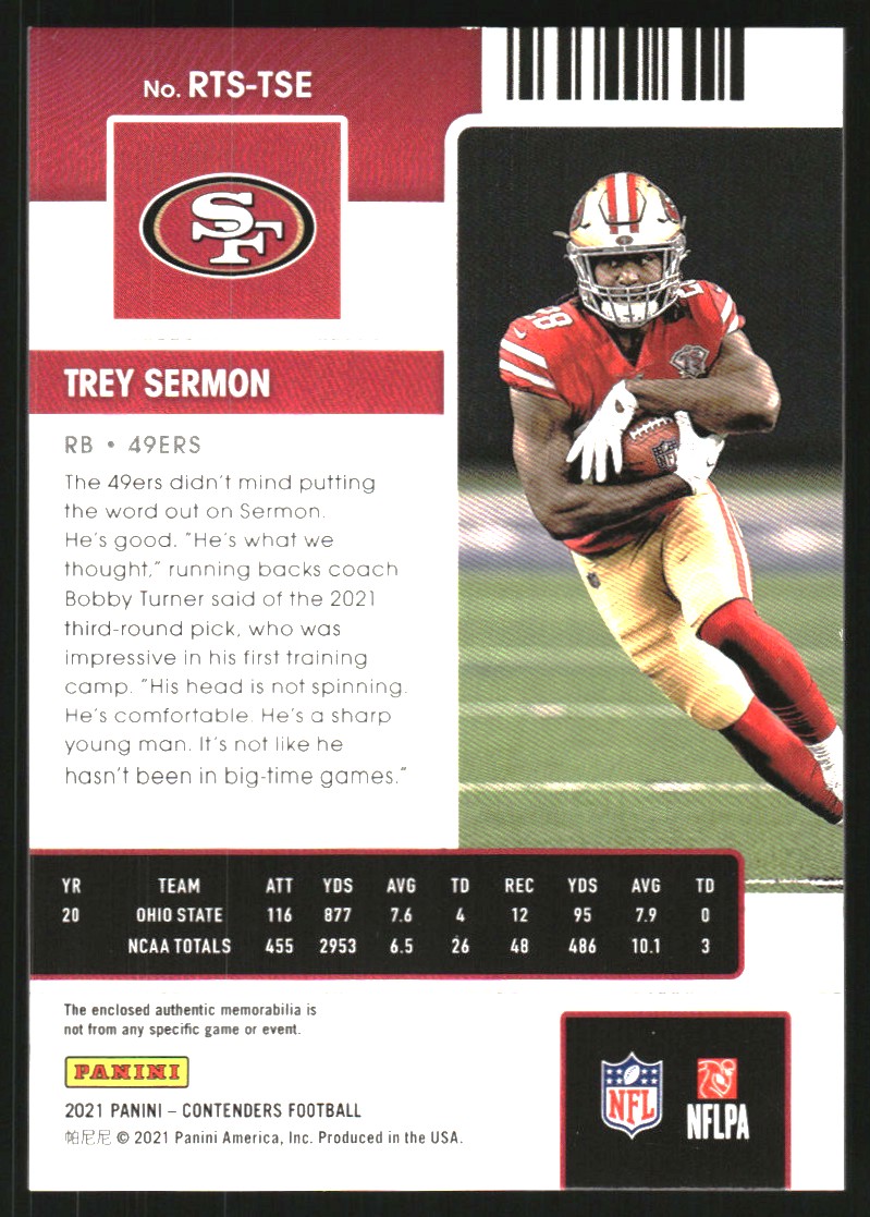 2021 Panini Contenders Rookie Ticket Swatches #26 Trey Sermon