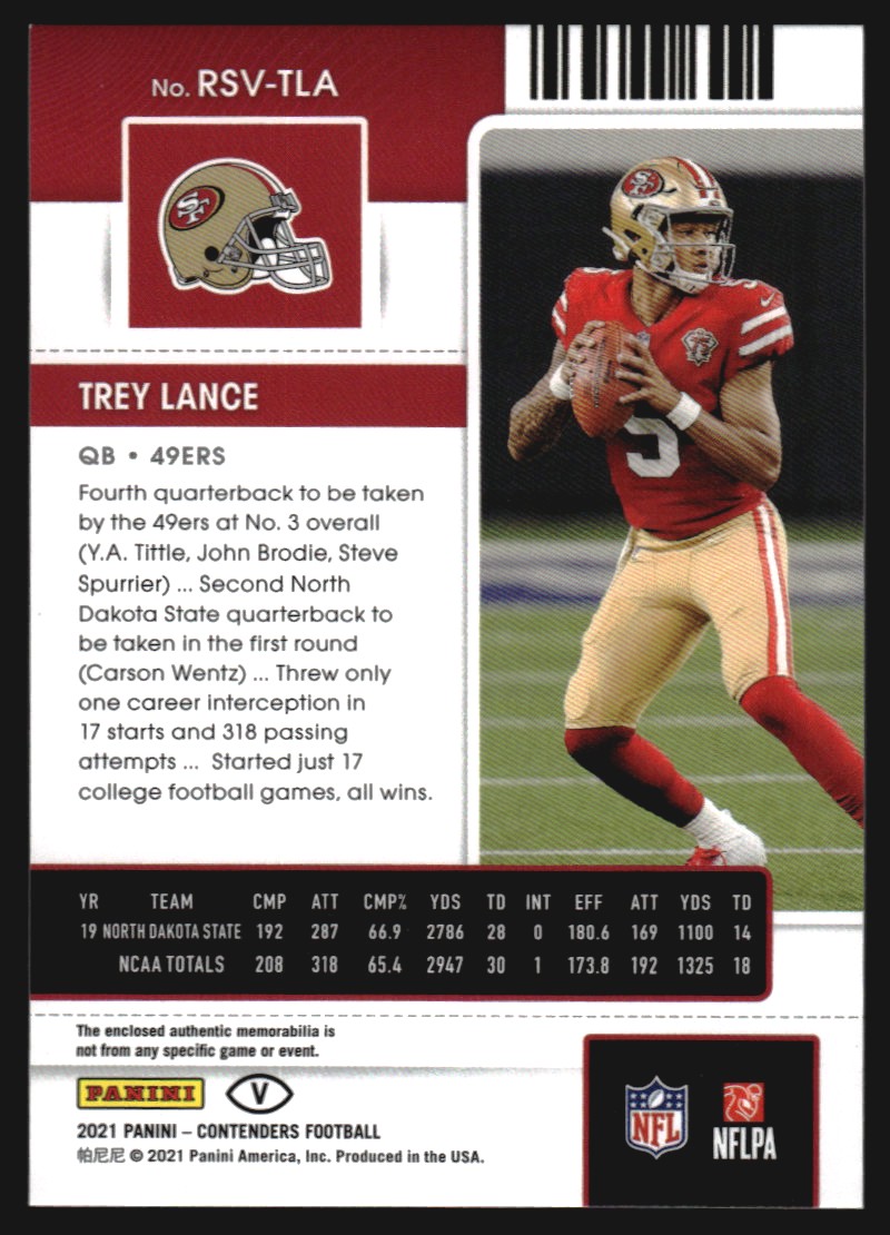 2021 Panini Contenders Rookie Ticket Swatches Variation #3 Trey Lance