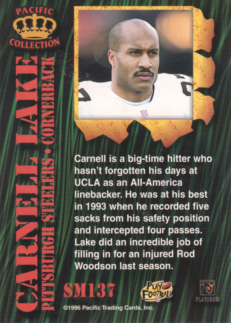 1996 Pacific Invincible Smash Mouth #137 Carnell Lake back image