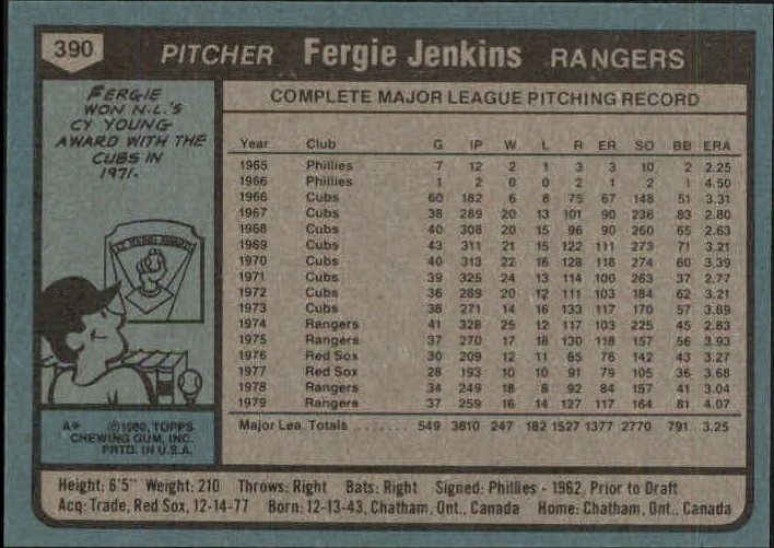 1980 Topps #390 Fergie Jenkins Rangers NM G43815 back image