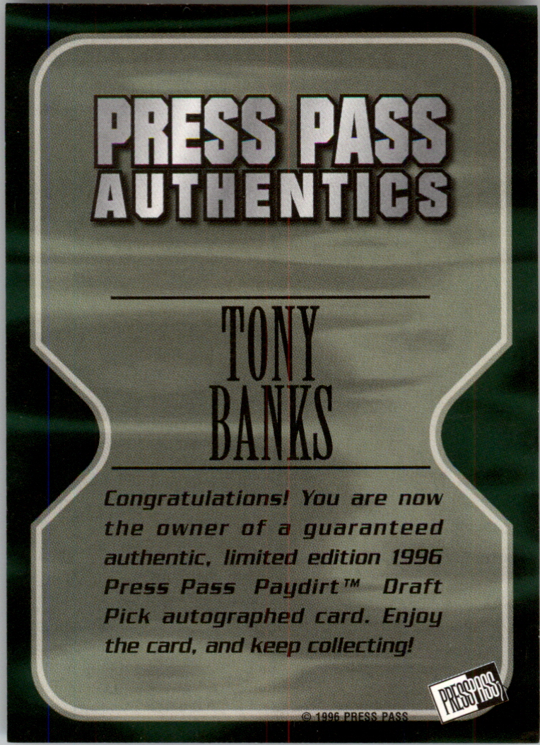 1996 Press Pass Paydirt Autographs #2 Tony Banks back image