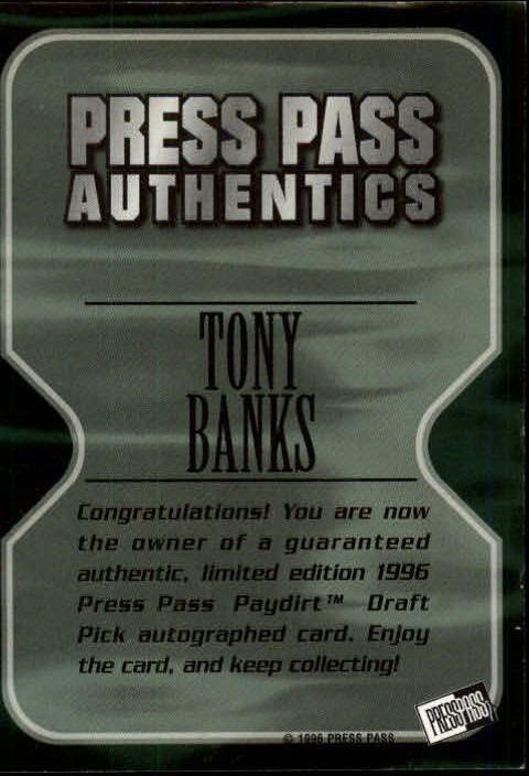 1996 Press Pass Paydirt Autographs #2 Tony Banks back image