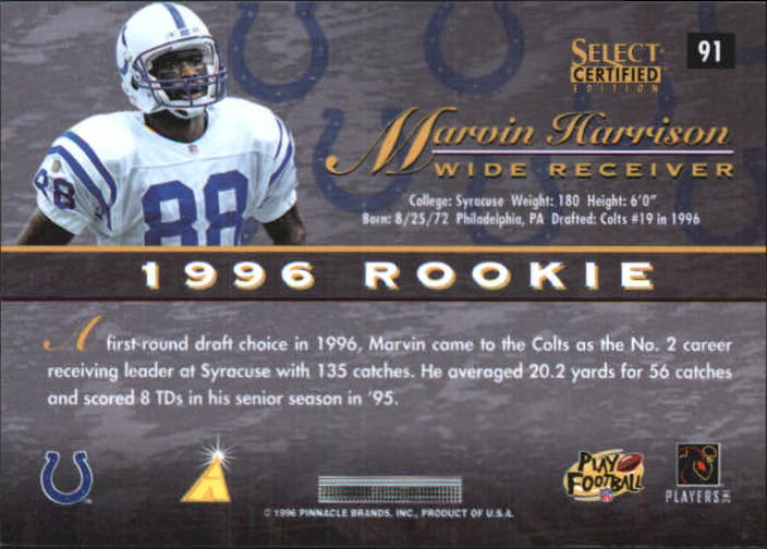 1996 Select Certified Blue #91 Marvin Harrison back image