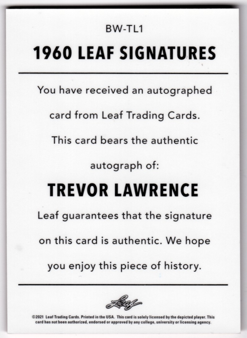 2021 Leaf Memories '60 Autographs Bronze #BWTL1 Trevor Lawrence back image