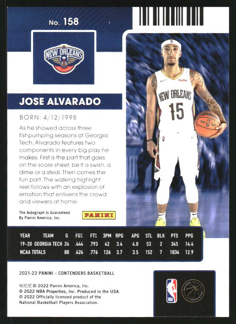 2021-22 Panini Contenders #158 Jose Alvarado AU RC - NM-MT