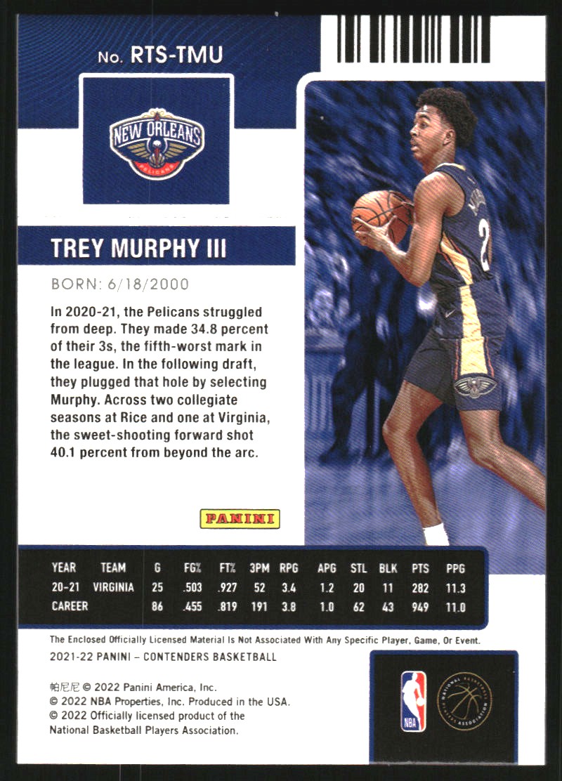 2021-22 Panini Contenders Rookie Ticket Swatches #17 Trey Murphy III