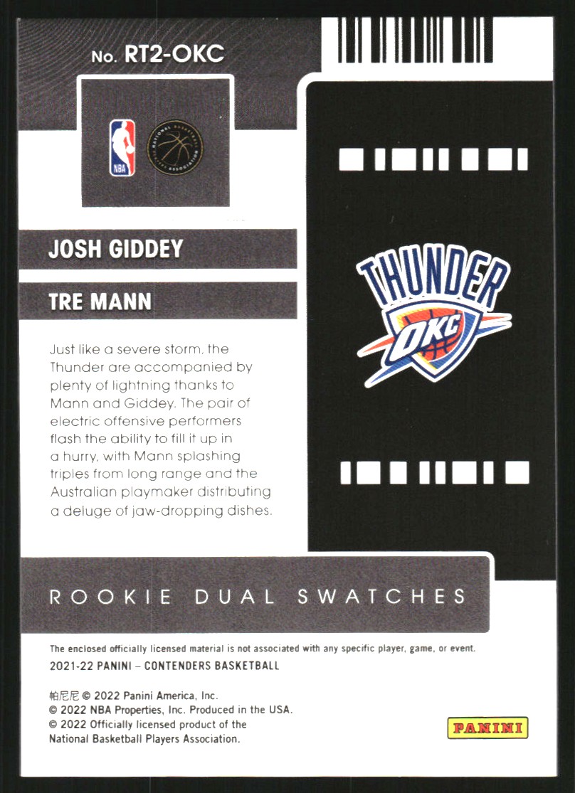 2021-22 Panini Contenders Rookie Ticket Dual Swatches #4 Josh Giddey/Tre Mann