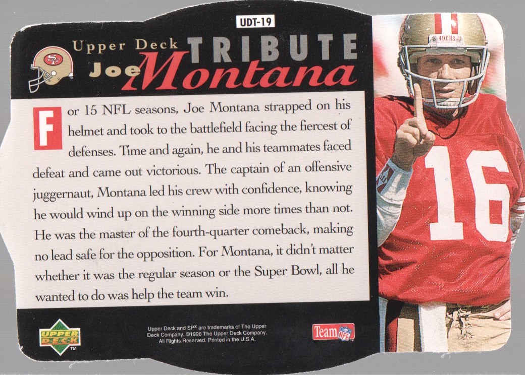 1996 SPx #UDT19 Joe Montana Tribute back image