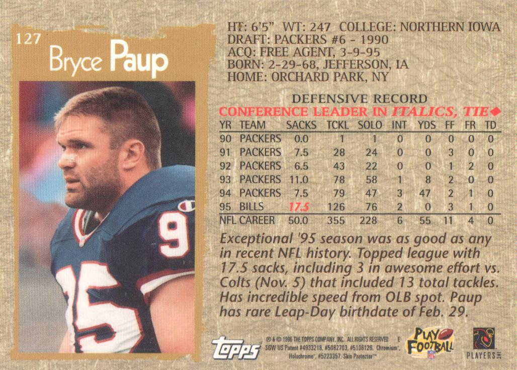 1996 Topps Chrome #127 Bryce Paup back image