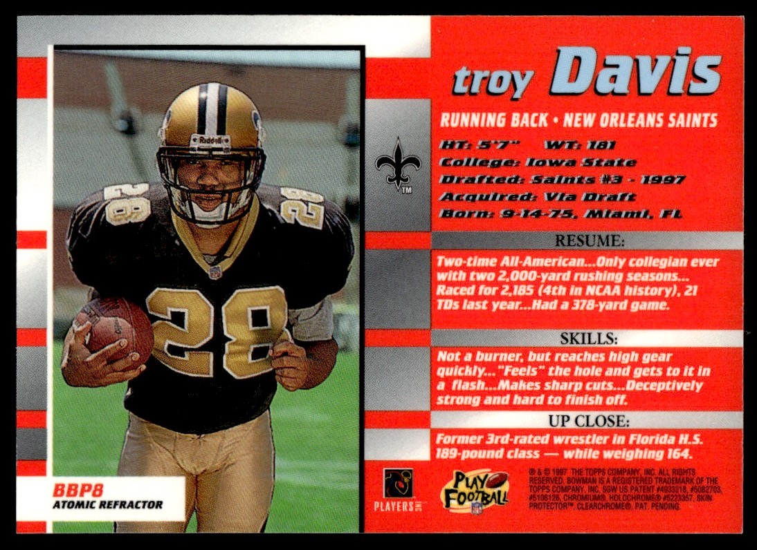 1997 Stadium Club Bowman's Best Rookie Previews Atomic Refractors #BBP8 Troy Davis
