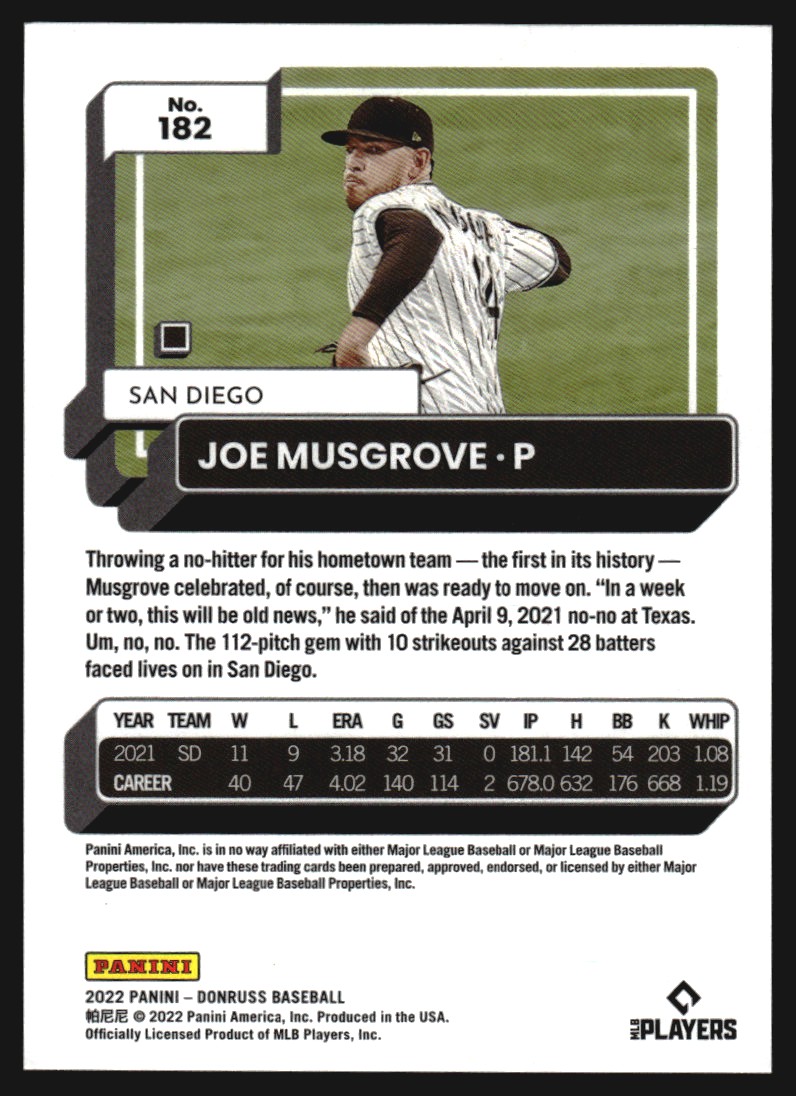 2022 Donruss Stat Line Career #182 Joe Musgrove/500 back image