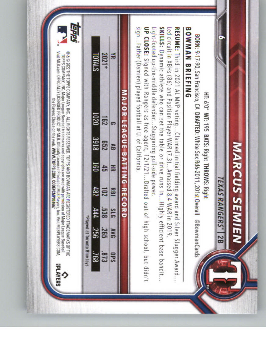 2022 Bowman #6 Marcus Semien back image