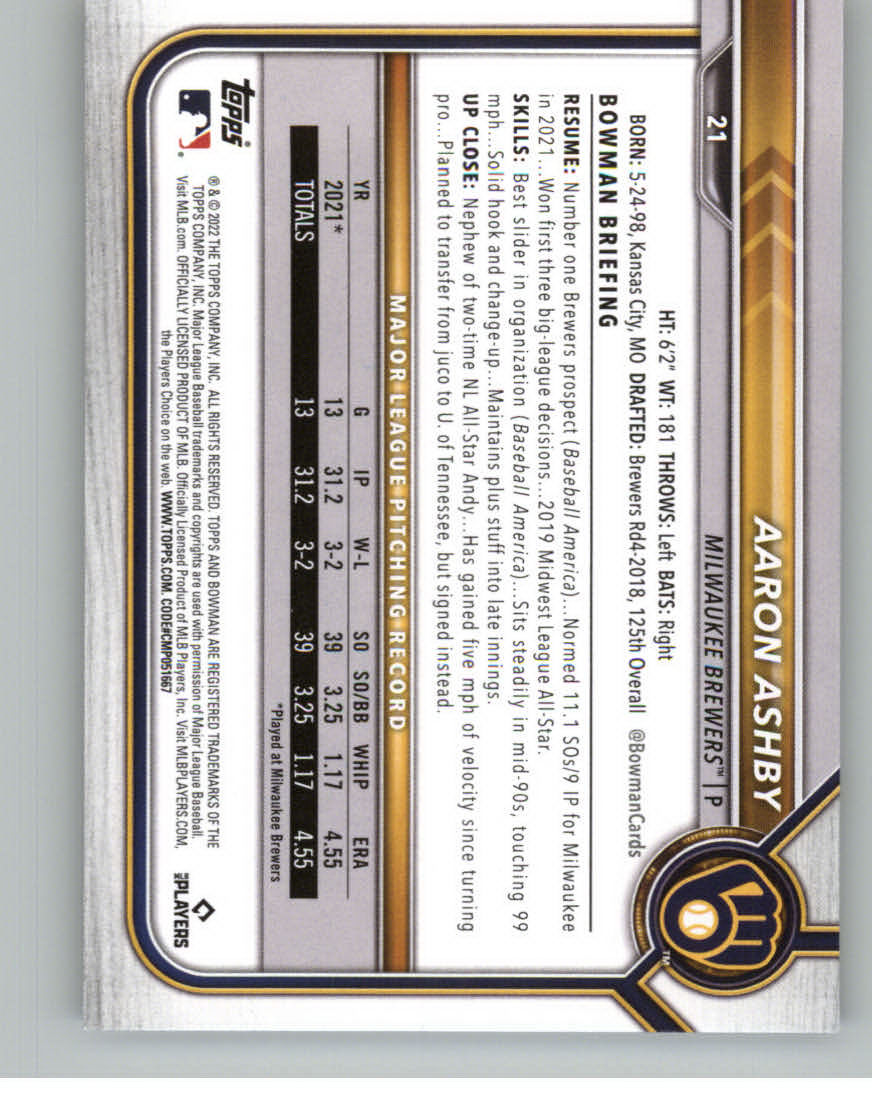2022 Bowman #21 Aaron Ashby RC back image