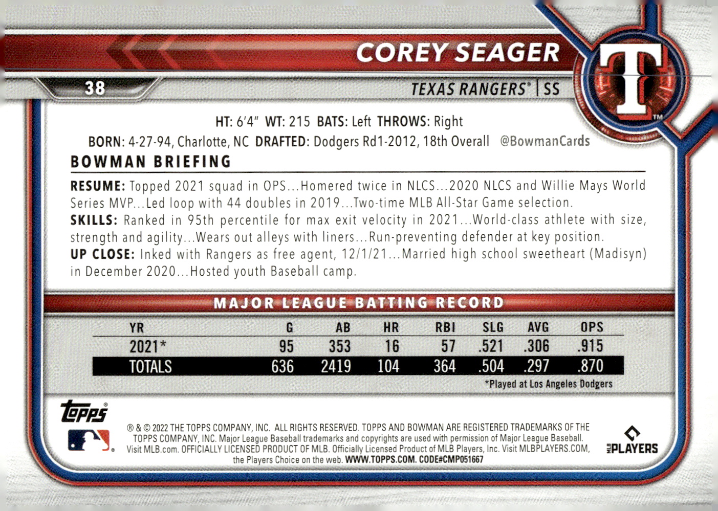 2022 Bowman #38 Corey Seager back image