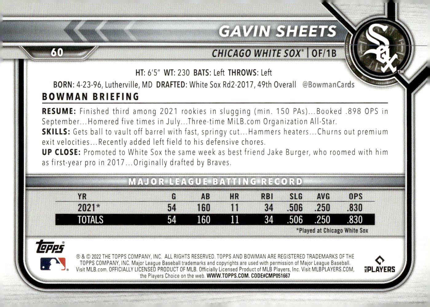 2022 Bowman #60 Gavin Sheets RC back image