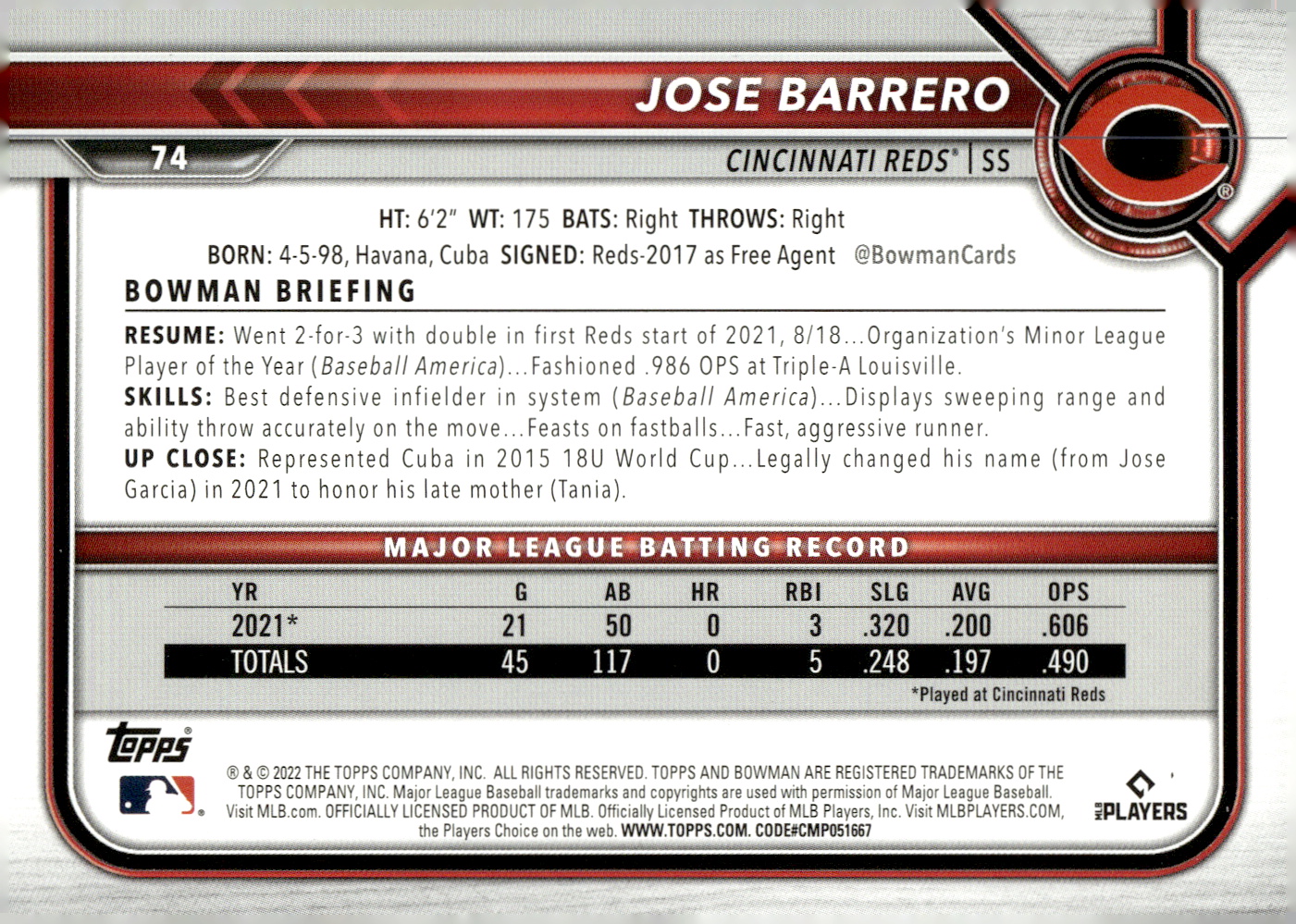 2022 Bowman #74 Jose Barrero back image