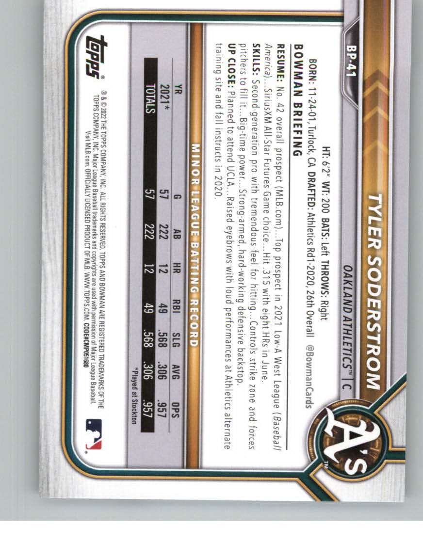 2022 Bowman Prospects #BP41 Tyler Soderstrom back image