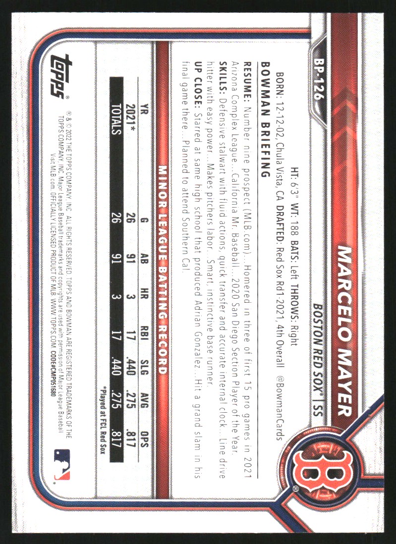 2022 Bowman Prospects Sky Blue #BP126 Marcelo Mayer