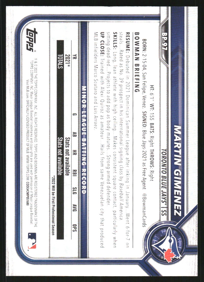 2022 Bowman Prospects Fuchsia #BP97 Martin Gimenez