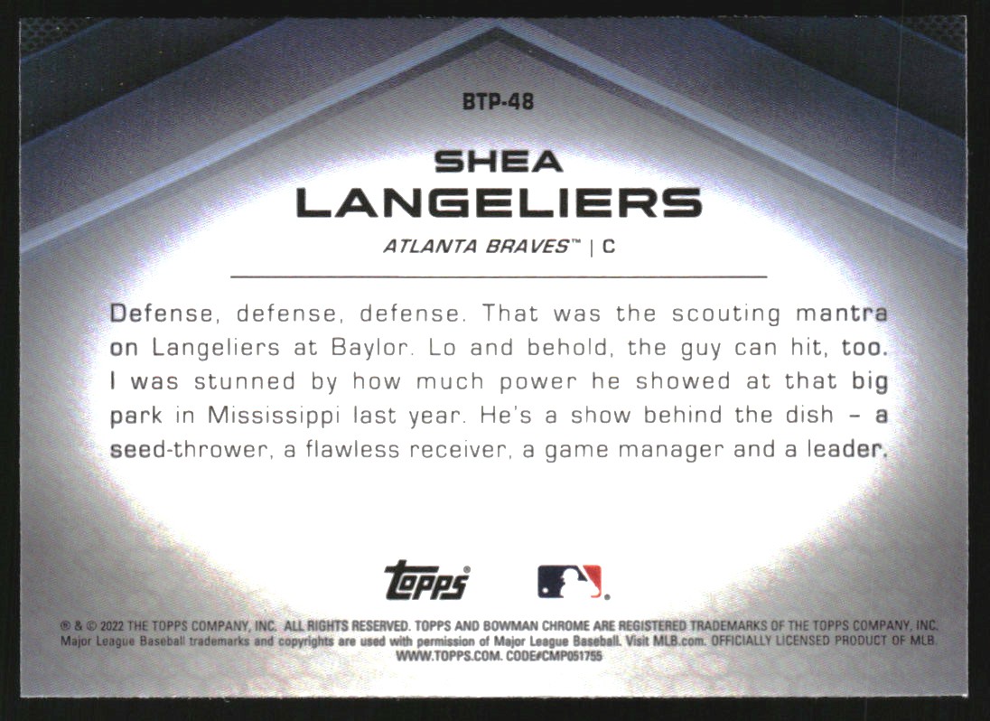2022 Bowman Chrome Scouts Top 100 Aqua Refractors #BTP48 Shea Langeliers