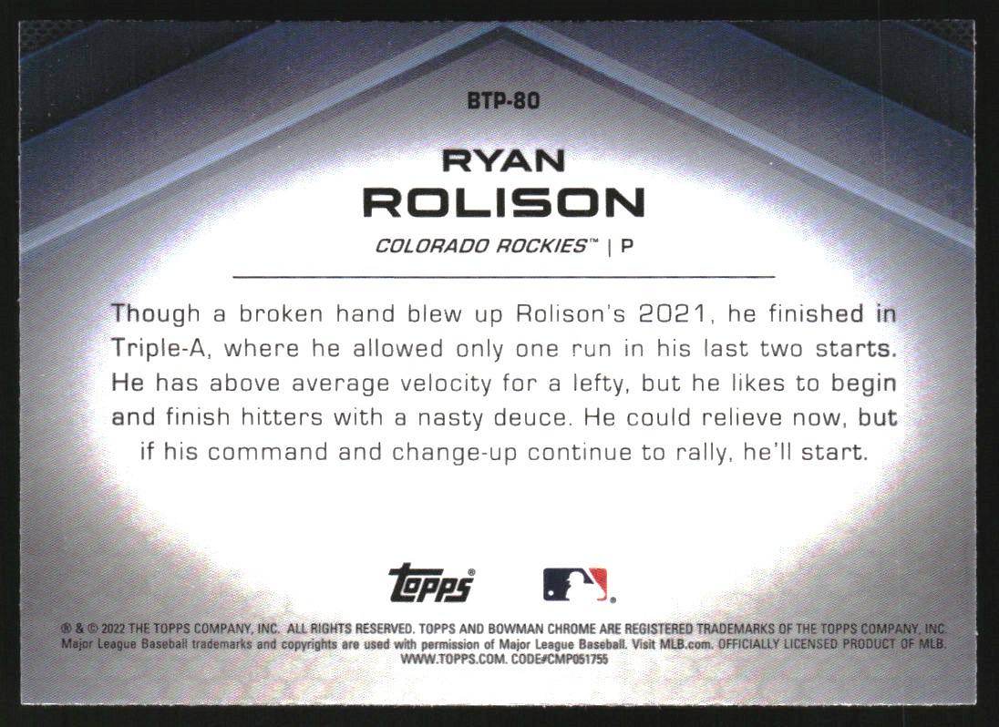 2022 Bowman Chrome Scouts Top 100 Aqua Refractors #BTP80 Ryan Rolison
