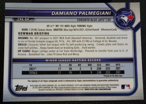 2022 Bowman Chrome Prospect Autographs Purple Refractors #CPADP Damiano Palmegiani back image