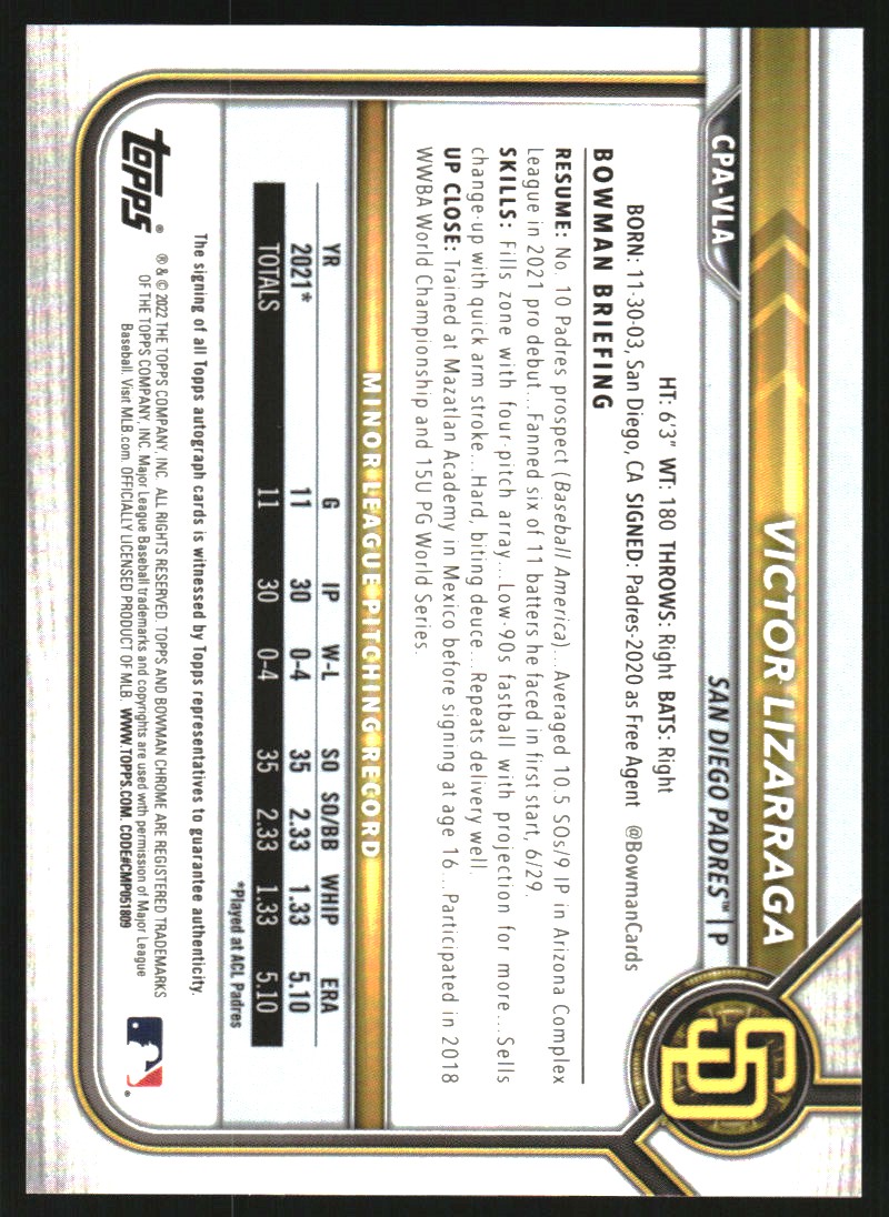 2022 Bowman Chrome Prospect Autographs Orange Shimmer Refractors #CPAVLA Victor Lizarraga